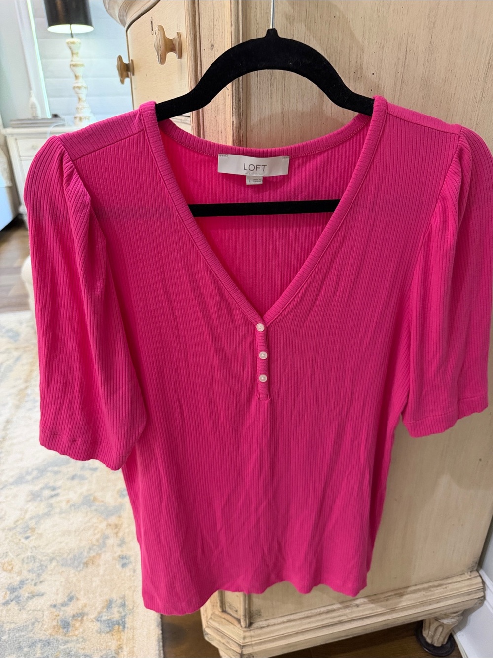 LOFT Hot Pink Ribbed V-Neck Short Sleeve Top with Button Placket